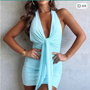 New with Tags Let’s Get Loud Plunge Tie Mini Dress Baby Blue NWT